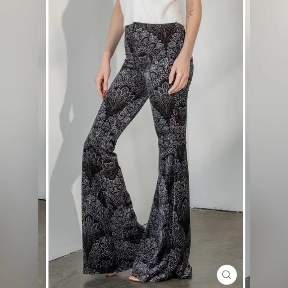 Reverof black velvet paisley print flare fitted pants XS - Picture 3 of 12
